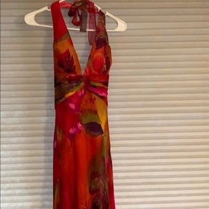 Water paint red sheer halter top dress.